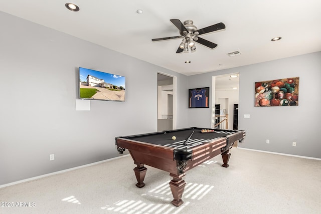 game room with pool table, light colored carpet, and ceiling fan