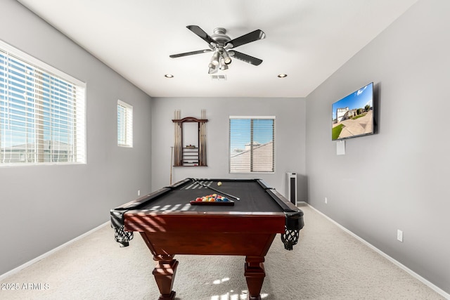 rec room featuring carpet floors, pool table, and ceiling fan