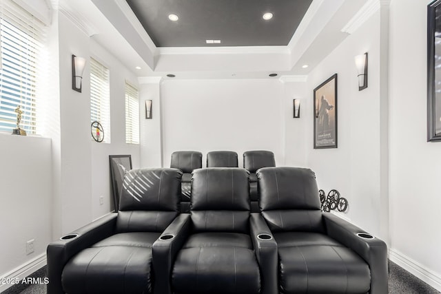 cinema featuring crown molding and a raised ceiling