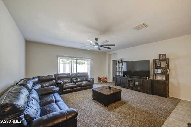 10856 E Primrose Ct, Florence, AZ 85132 - living room featuring visible vents, a ceiling fan, and carpet