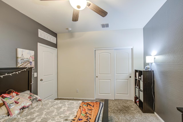 10856 E Primrose Ct, Florence, AZ 85132 - carpeted bedroom with visible vents, a ceiling fan, and a closet