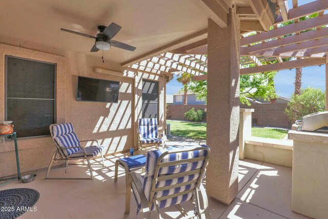 15391 W Yucatan Dr, Surprise, AZ 85379 - view of patio featuring a fenced backyard, a ceiling fan, and a pergola