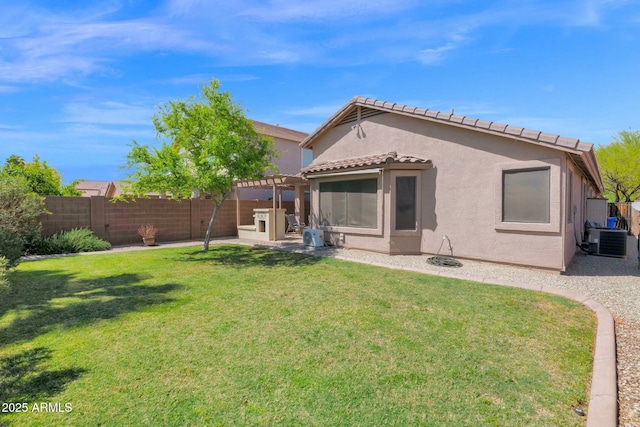 15391 W Yucatan Dr, Surprise, AZ 85379 - back of property with a pergola, stucco siding, central AC unit, a tile roof, and a patio area