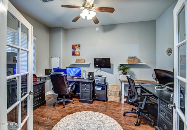 office space featuring french doors, ceiling fan, and dark hardwood / wood-style flooring