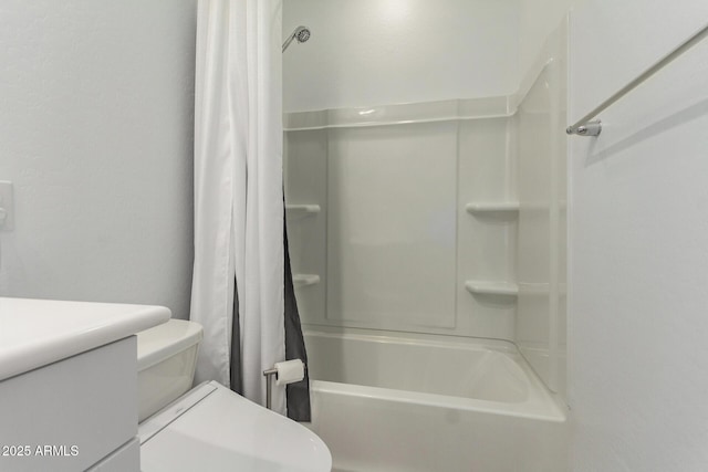 full bath featuring shower / bath combination with curtain, vanity, and toilet