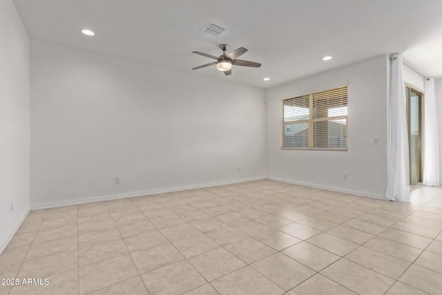 unfurnished room featuring baseboards, visible vents, a ceiling fan, and recessed lighting