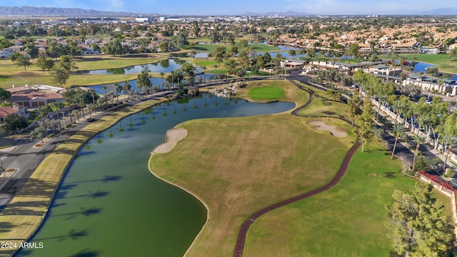 bird's eye view with a water and mountain view