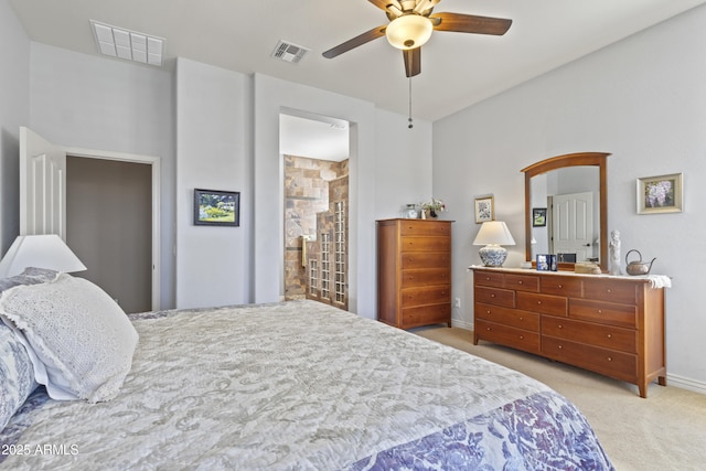 bedroom with carpet, visible vents, and a ceiling fan