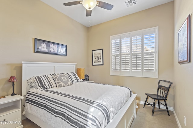 bedroom featuring carpet, visible vents, ceiling fan, and baseboards