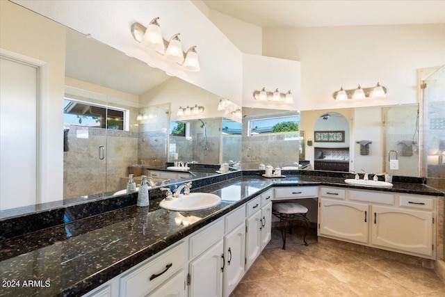 bathroom with vanity, a shower with shower door, vaulted ceiling, and a healthy amount of sunlight