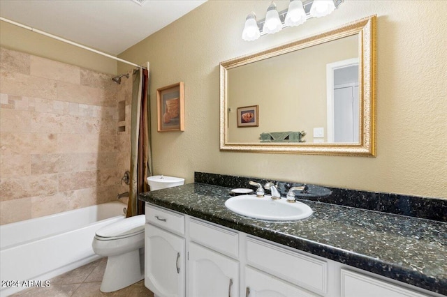 full bathroom featuring vanity, shower / tub combo, toilet, and tile patterned floors