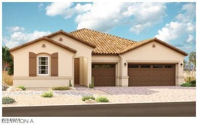 20155 W Monterey Way, Buckeye, AZ 85396 - mediterranean / spanish house featuring an attached garage, decorative driveway, stucco siding, and a tile roof