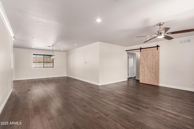 12241 N 49th Ave, Glendale, AZ 85304 - unfurnished living room featuring a ceiling fan, a barn door, dark wood finished floors, crown molding, and baseboards