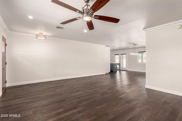 12241 N 49th Ave, Glendale, AZ 85304 - unfurnished living room with ornamental molding, ceiling fan, baseboards, dark wood-style floors, and recessed lighting