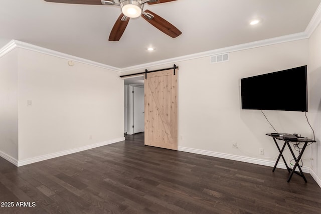 12241 N 49th Ave, Glendale, AZ 85304 - unfurnished living room with a ceiling fan, ornamental molding, dark wood-style floors, baseboards, and a barn door