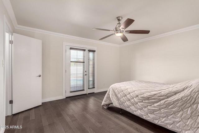 12241 N 49th Ave, Glendale, AZ 85304 - bedroom with dark wood finished floors, crown molding, baseboards, access to exterior, and ceiling fan