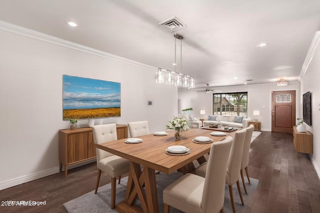 12241 N 49th Ave, Glendale, AZ 85304 - dining space featuring ornamental molding, wood finished floors, baseboards, recessed lighting, and a ceiling fan