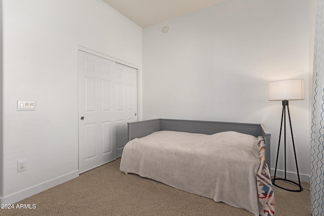 bedroom with light carpet and a closet