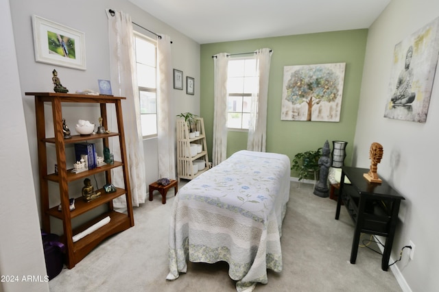 carpeted bedroom featuring multiple windows