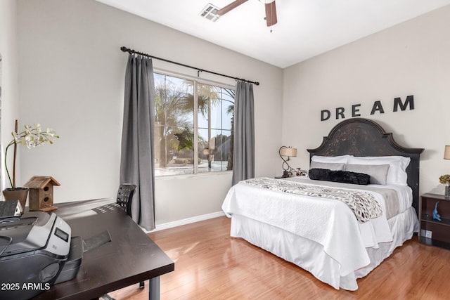 bedroom with ceiling fan and wood-type flooring