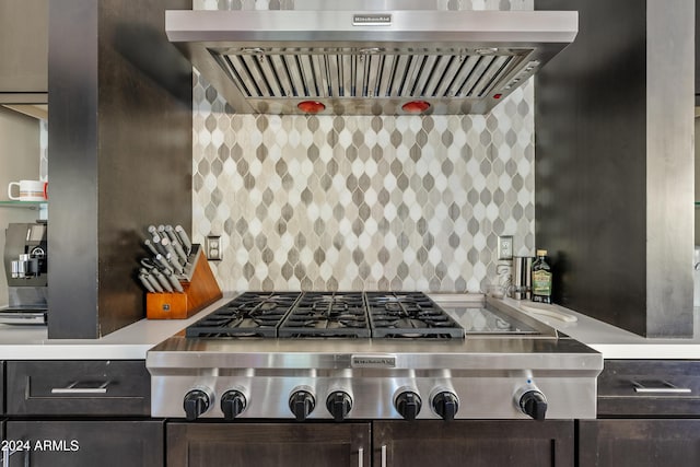 kitchen with backsplash, stainless steel gas cooktop, and wall chimney exhaust hood