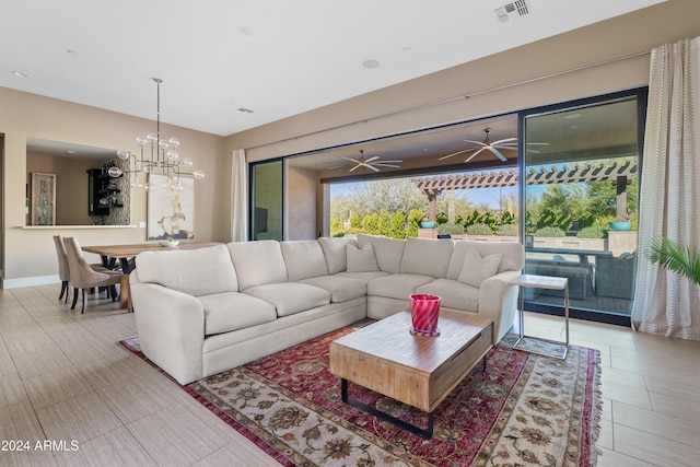 living room featuring a chandelier