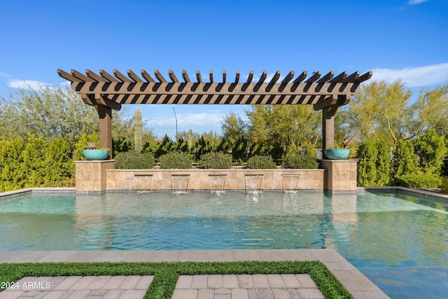 view of swimming pool featuring a pergola and pool water feature