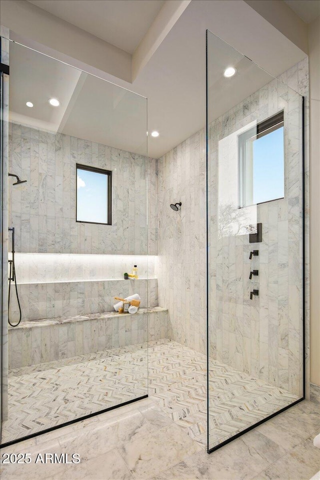 full bathroom featuring recessed lighting and a walk in shower