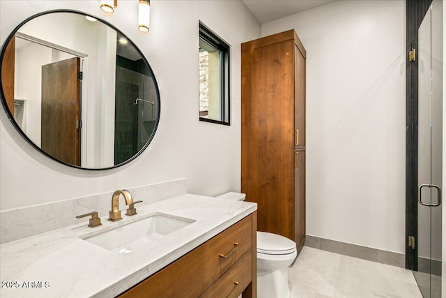 bathroom featuring vanity, an enclosed shower, toilet, and tile patterned flooring