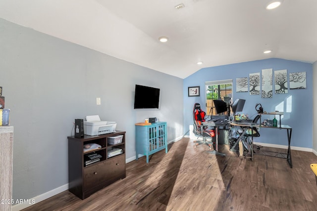 office area with lofted ceiling, wood finished floors, and baseboards