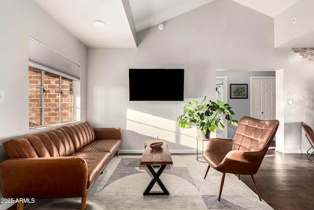 living area with lofted ceiling, wood finished floors, and baseboards