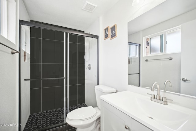 bathroom with toilet, vanity, a shower stall, and visible vents