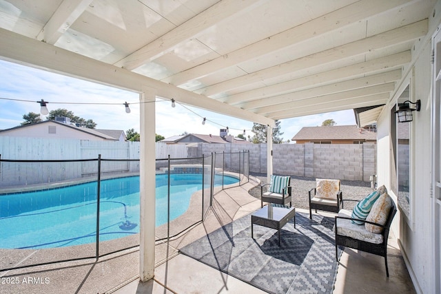 view of swimming pool with a fenced backyard, a fenced in pool, and a patio