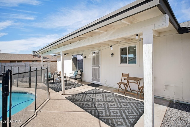 exterior space with fence and a fenced in pool