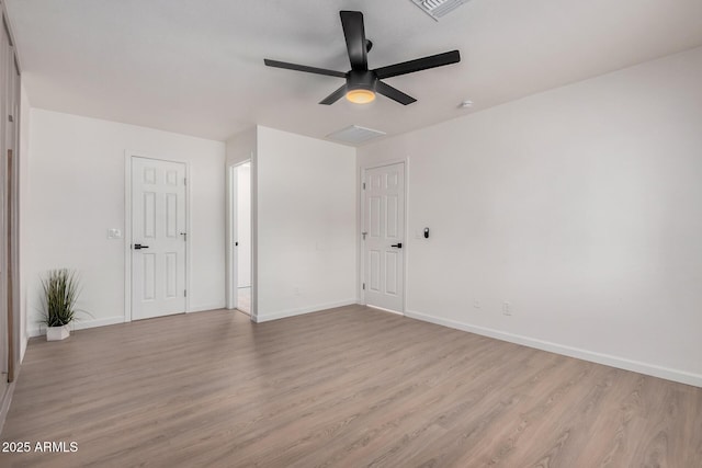 empty room featuring ceiling fan and light hardwood / wood-style flooring