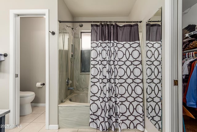 full bath featuring toilet, tile patterned flooring, and shower / bathtub combination with curtain