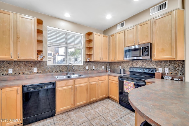 450 W Mountain Sage Dr, Phoenix, AZ 85045 - kitchen with black appliances, open shelves, light brown cabinets, a sink, and recessed lighting