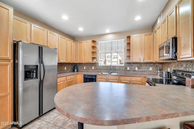 450 W Mountain Sage Dr, Phoenix, AZ 85045 - kitchen with black appliances, open shelves, light brown cabinets, a sink, and recessed lighting