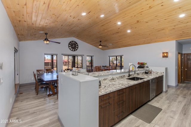 kitchen with sink, light hardwood / wood-style floors, wooden ceiling, vaulted ceiling, and stainless steel dishwasher