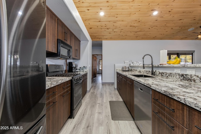 kitchen with wood ceiling, sink, light stone counters, and black appliances