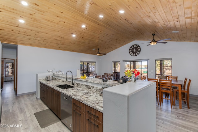 kitchen featuring sink, wood ceiling, light wood-type flooring, stainless steel dishwasher, and a kitchen island with sink