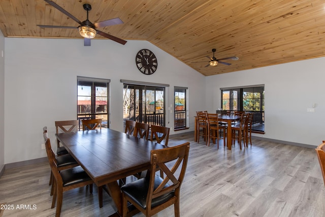 dining space featuring wood ceiling, light hardwood / wood-style flooring, and a wealth of natural light