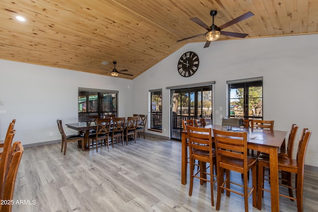 dining area with high vaulted ceiling, wood ceiling, and light hardwood / wood-style floors