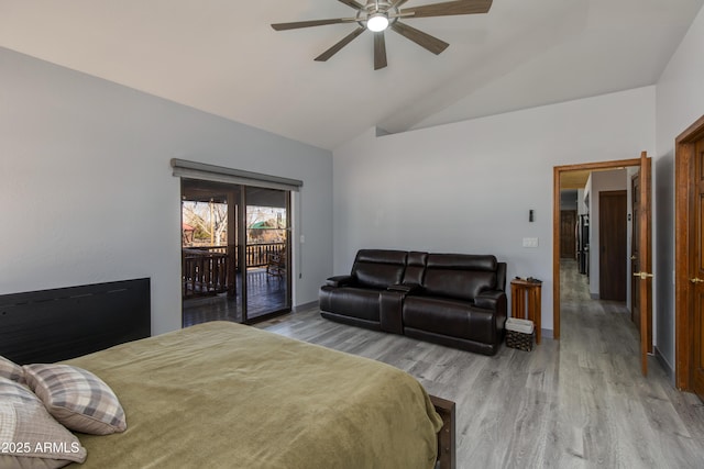 bedroom featuring ceiling fan, high vaulted ceiling, access to outside, and light hardwood / wood-style floors