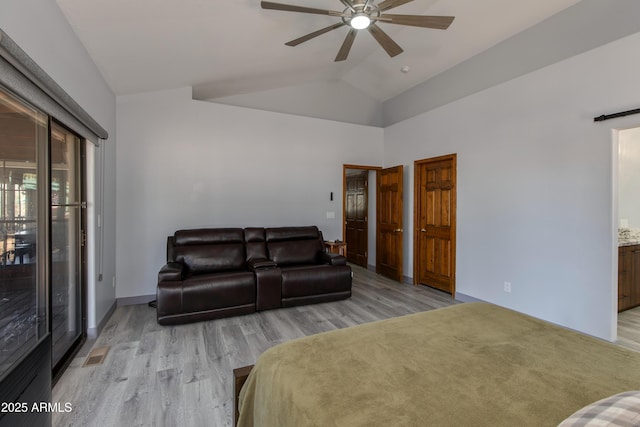 bedroom featuring lofted ceiling, access to outside, ceiling fan, and light hardwood / wood-style flooring