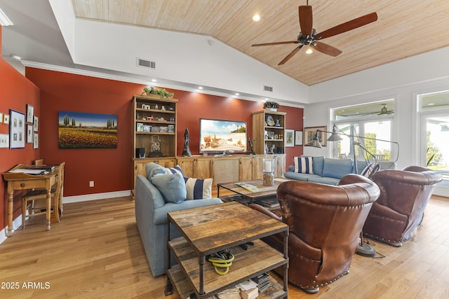 living room featuring ceiling fan, wooden ceiling, lofted ceiling, and light wood-type flooring