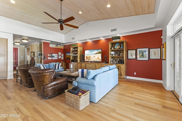 living room with ceiling fan, light hardwood / wood-style flooring, and wooden ceiling