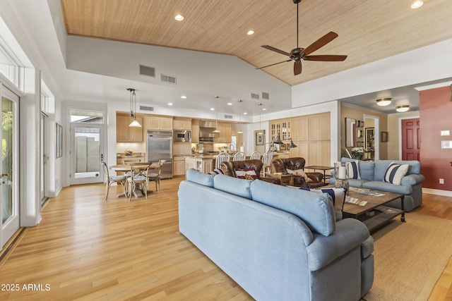 living room featuring light wood-type flooring, high vaulted ceiling, ceiling fan, and wooden ceiling