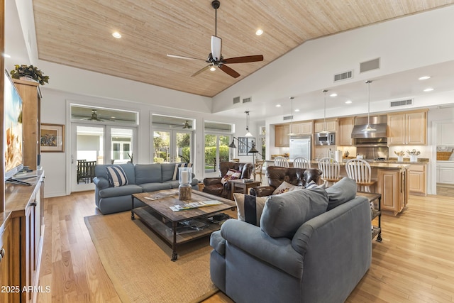 living room with light hardwood / wood-style flooring, high vaulted ceiling, wooden ceiling, and french doors