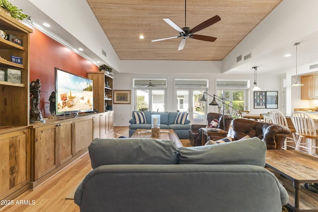 living room with high vaulted ceiling, light hardwood / wood-style flooring, ceiling fan, and wooden ceiling